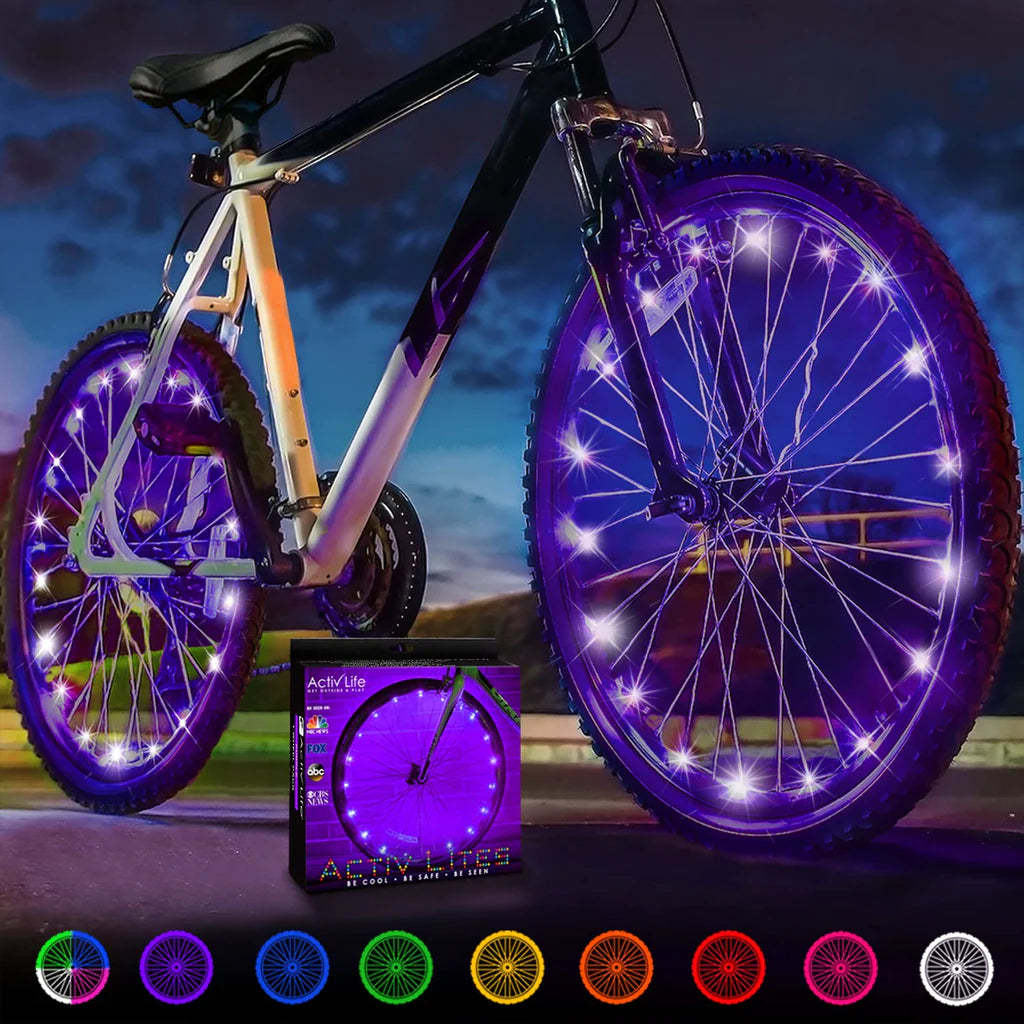 Activ Life 2 Tyres Pack LED Bike Wheel Lights with Batteries Included! Get 100% Brighter and Visible from All Angles for Ultimate Safety & Style Orange/Purple