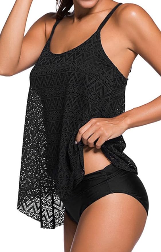 EUDOLAH Women's Mesh Bikini Set Padded Tankini Swimwear Top & Bottom 2 Pieces Swimming Costume Plus Size S