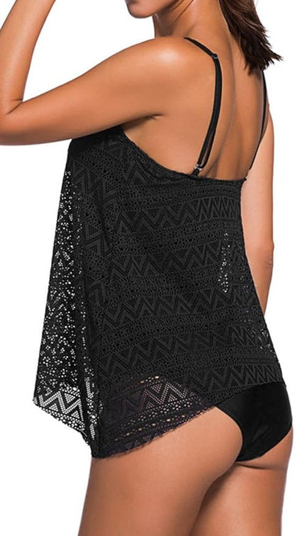 EUDOLAH Women's Mesh Bikini Set Padded Tankini Swimwear Top & Bottom 2 Pieces Swimming Costume Plus Size S